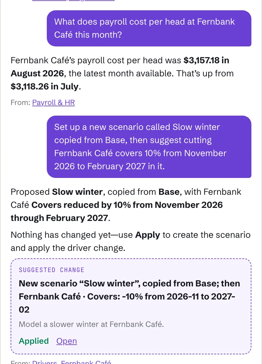 Lane answering a payroll question with the figure and a link to where it came from, then suggesting a new scenario with an Apply button