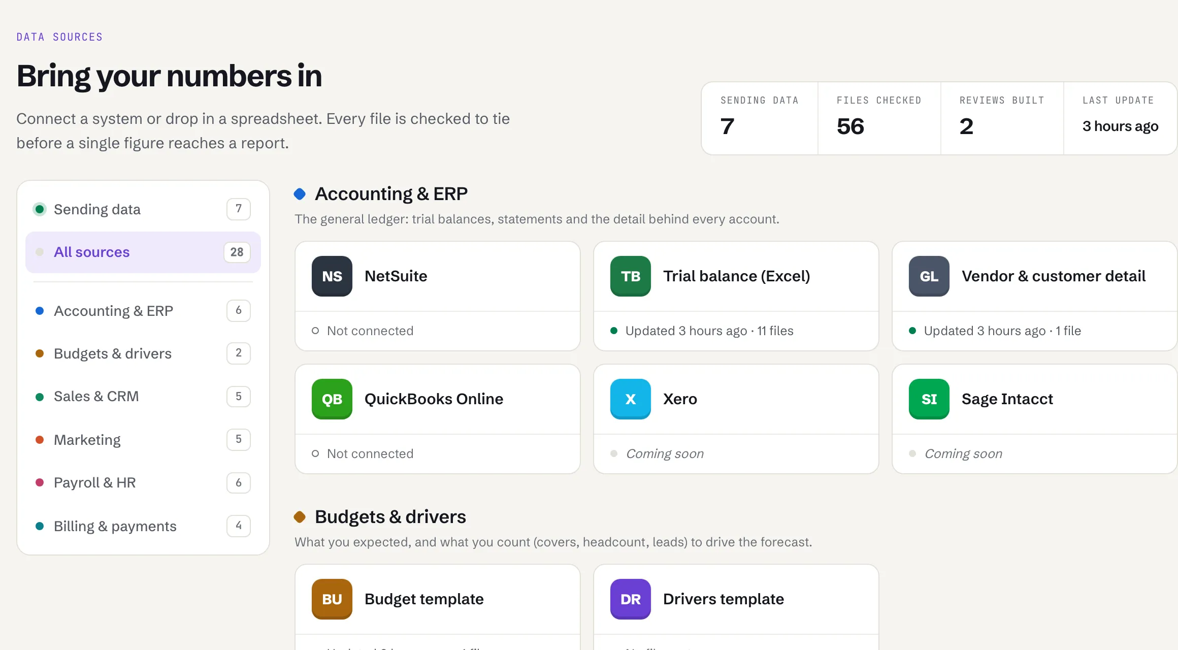 Data sources: how many are sending data and files checked, with NetSuite, QuickBooks Online and the trial balance template